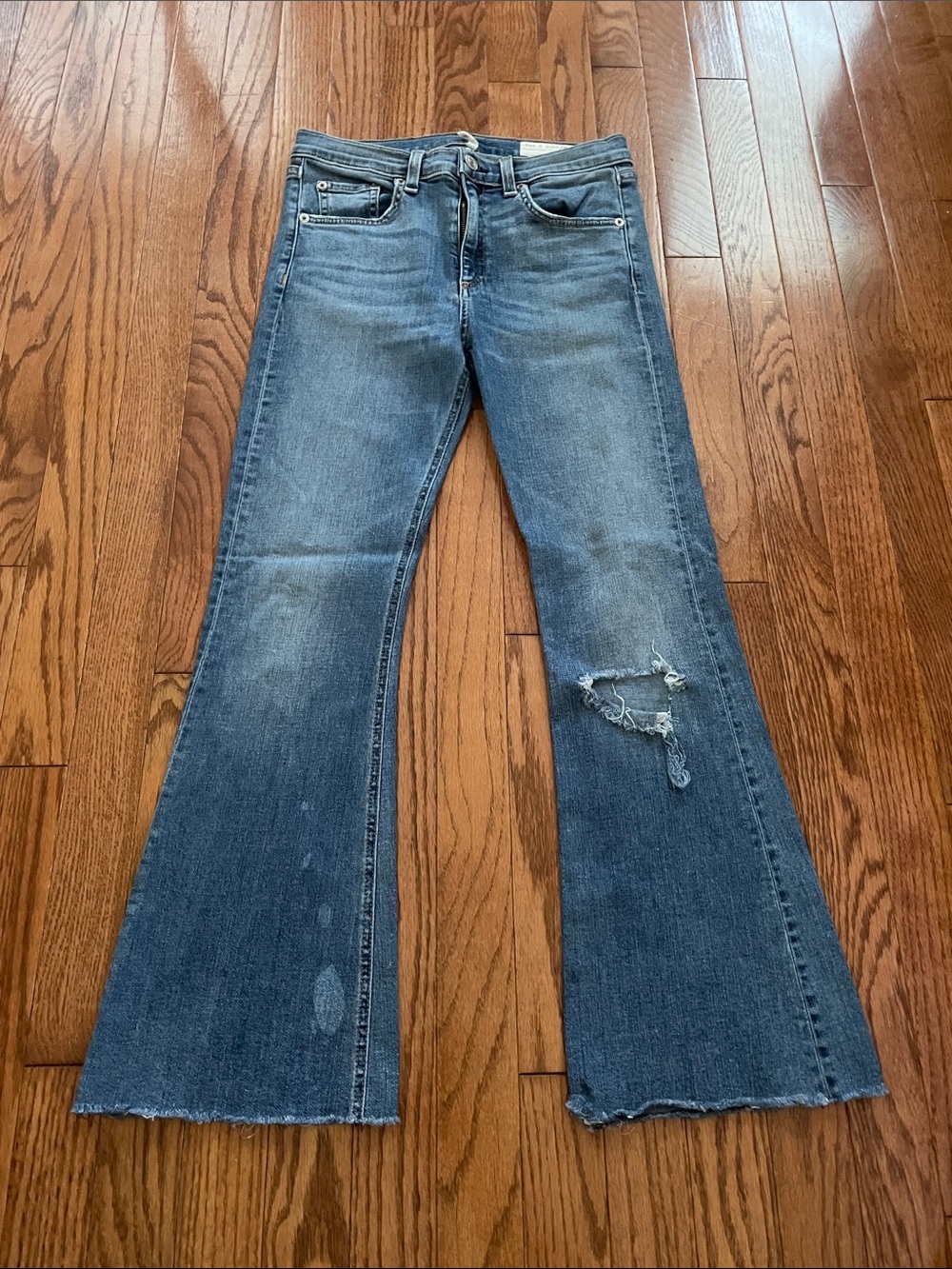 rag & bone 10 Inch Crop Flare Bustef Knee Medium Wash Jeans Maybrook Sz 27